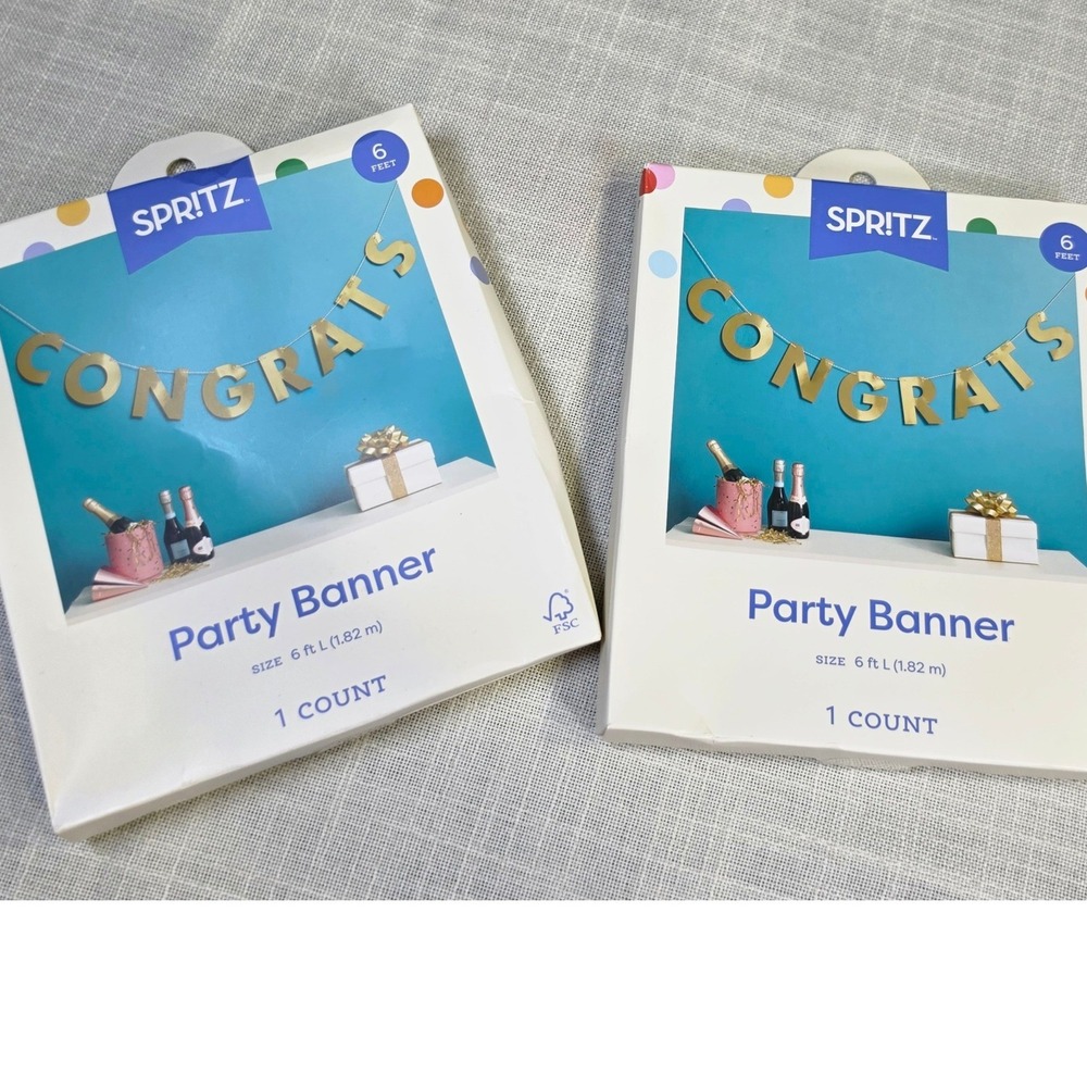 Spritz Congrats Party Banner 2 Pack Gold Metallic 6ft Graduation Celebration